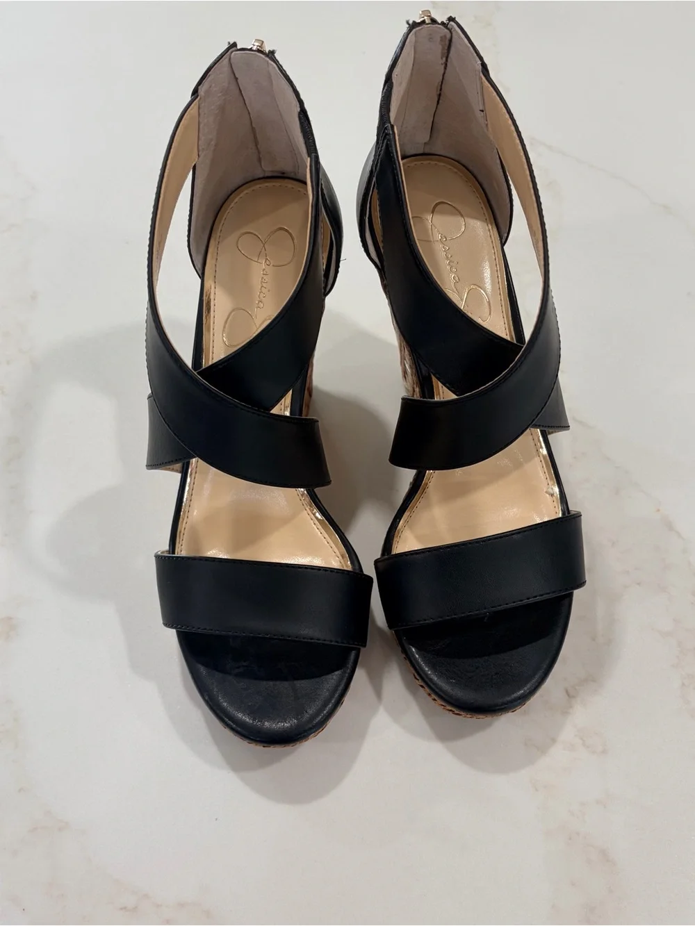 Jessica Simpson Black Crisscross Wedge Sandals with Woven Tan Platform